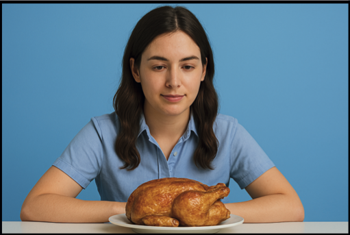 La ragazza guarda il pollo