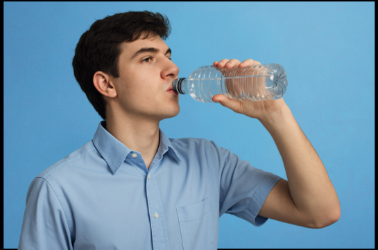 Il ragazzo beve l'acqua che ha preso alla fontana