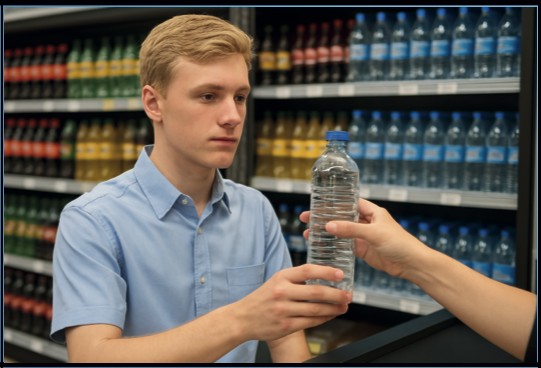 Il ragazzo compra l'acqua al negozio