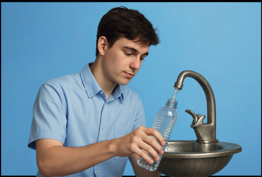 Il ragazzo prende l'acqua alla fontana