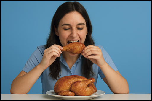 La ragazza mangia il pollo